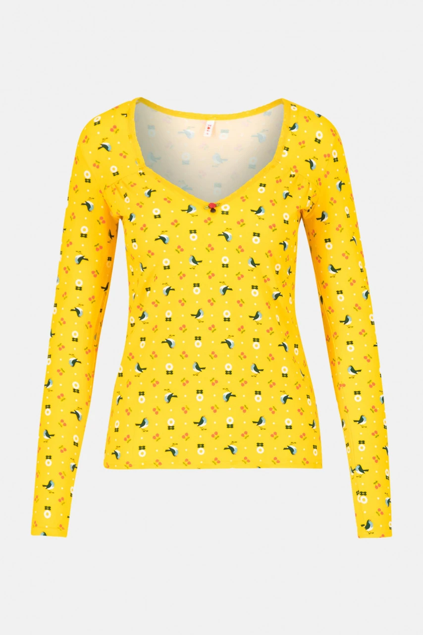 Blutsgeschwister Shirt Criss Cross Heart Longsie Cherry Picknick Damen Gelb Vögel 5 Blutsgeschwister Shirt Criss Cross Heart Longsie Cherry Picknick Damen Gelb Vögel – Bild 3