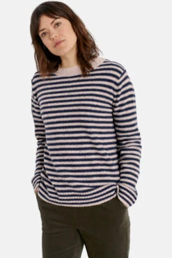 Seasalt Cornwall Carbis Jumper Barrows Aran Night Damen Pullover Beige Blau Gestreift