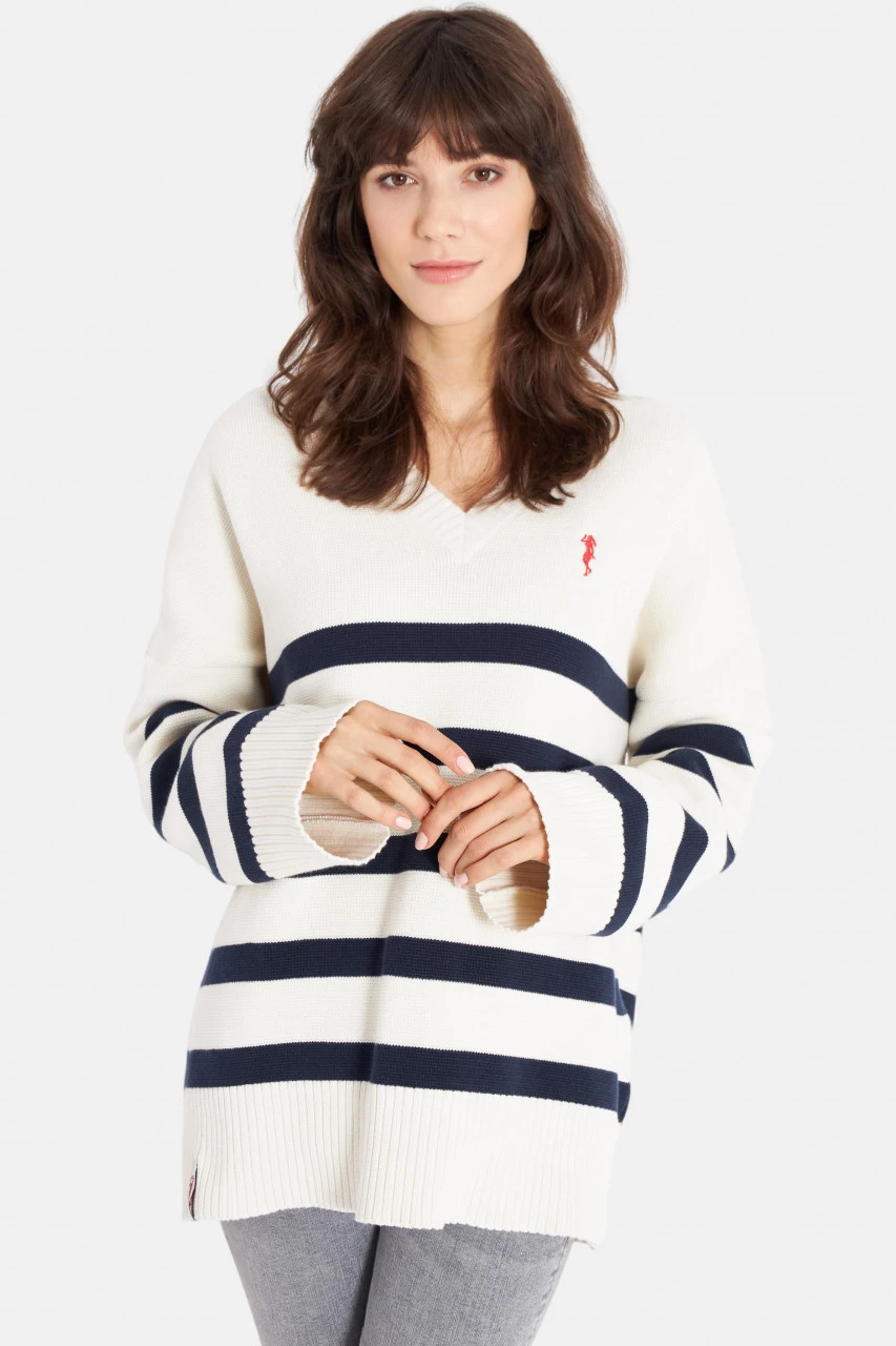 Derbe Kippes Damen Pullover Offwhite Navy Beige Blau Gestreift Strickpullover Baumwolle Nachhaltig 4 Derbe Kippes Damen Pullover Offwhite Navy Beige Blau Gestreift Strickpullover Baumwolle Nachhaltig – Bild 2