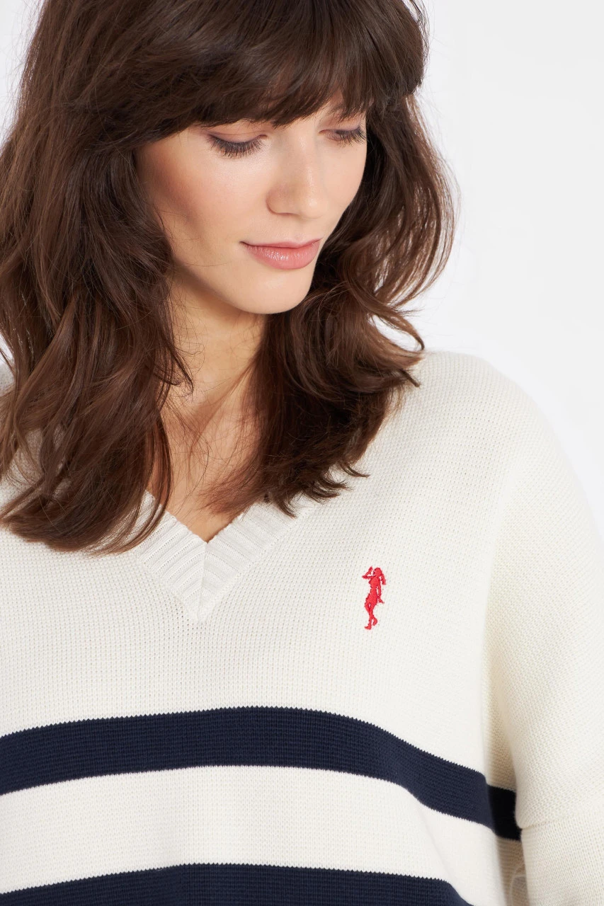 Derbe Kippes Damen Pullover Offwhite Navy Beige Blau Gestreift Strickpullover Baumwolle Nachhaltig 7 Derbe Kippes Damen Pullover Offwhite Navy Beige Blau Gestreift Strickpullover Baumwolle Nachhaltig – Bild 5