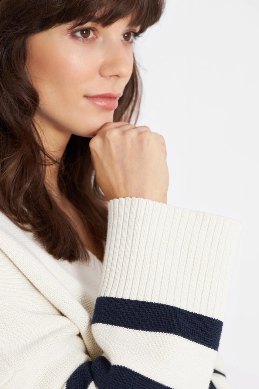 Derbe Kippes Damen Pullover Offwhite Navy Beige Blau Gestreift Strickpullover Baumwolle Nachhaltig 8 Derbe Kippes Damen Pullover Offwhite Navy Beige Blau Gestreift Strickpullover Baumwolle Nachhaltig – Bild 6