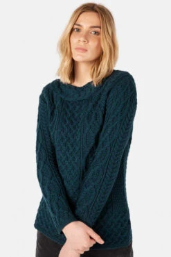 IrelandsEye Aran Spindle Petrol Damen Pullover Blau Atlantic Blue