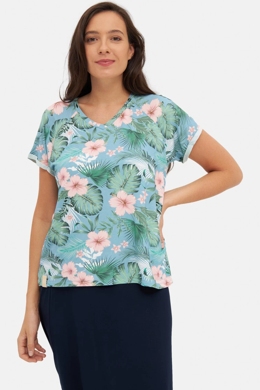 Derbe Hawa Allover Damen T-Shirt Blumen Türkis Rosa Forget Me Not Nachhaltig 4 Derbe Hawa Allover Damen T-Shirt Blumen Türkis Rosa Forget Me Not Nachhaltig – Bild 2