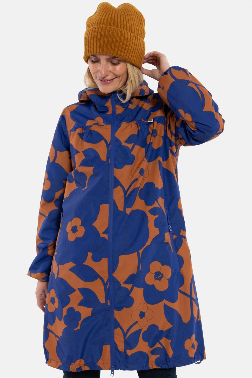Danefae Danehelen Damen Regenmantel Ocker Royal Blau Boom Bloom Blumen 3 Danefae Danehelen Damen Regenmantel Ocker Royal Blau Boom Bloom Blumen