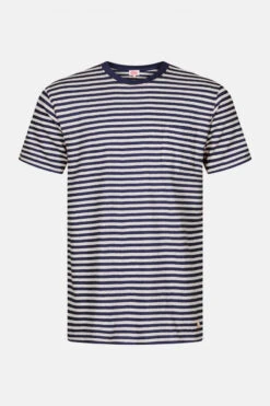 Armor-Lux Armor Lux Herren T-Shirt Marine Deep Nature Dunkelblau Beige Gestreift Brusttasche