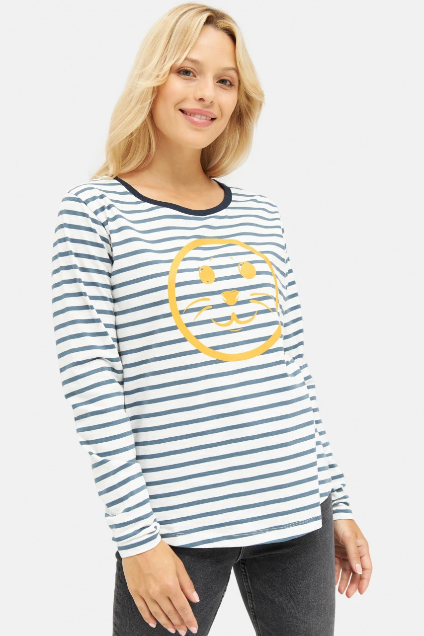 Derbe Robsmile Damen Longsleeve Langarmshirt Orion Blue Gestreift Smiley Robbe 4 Derbe Robsmile Damen Longsleeve Langarmshirt Orion Blue Gestreift Smiley Robbe – Bild 2