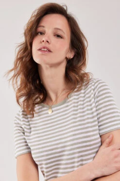 Armor-Lux Armor Lux Damen T-Shirt Mit Leinen Blanc Oyat Weiß Hellgrün -Derbi Kleidung Geschaft 76081 AH7 0030 1280x1280